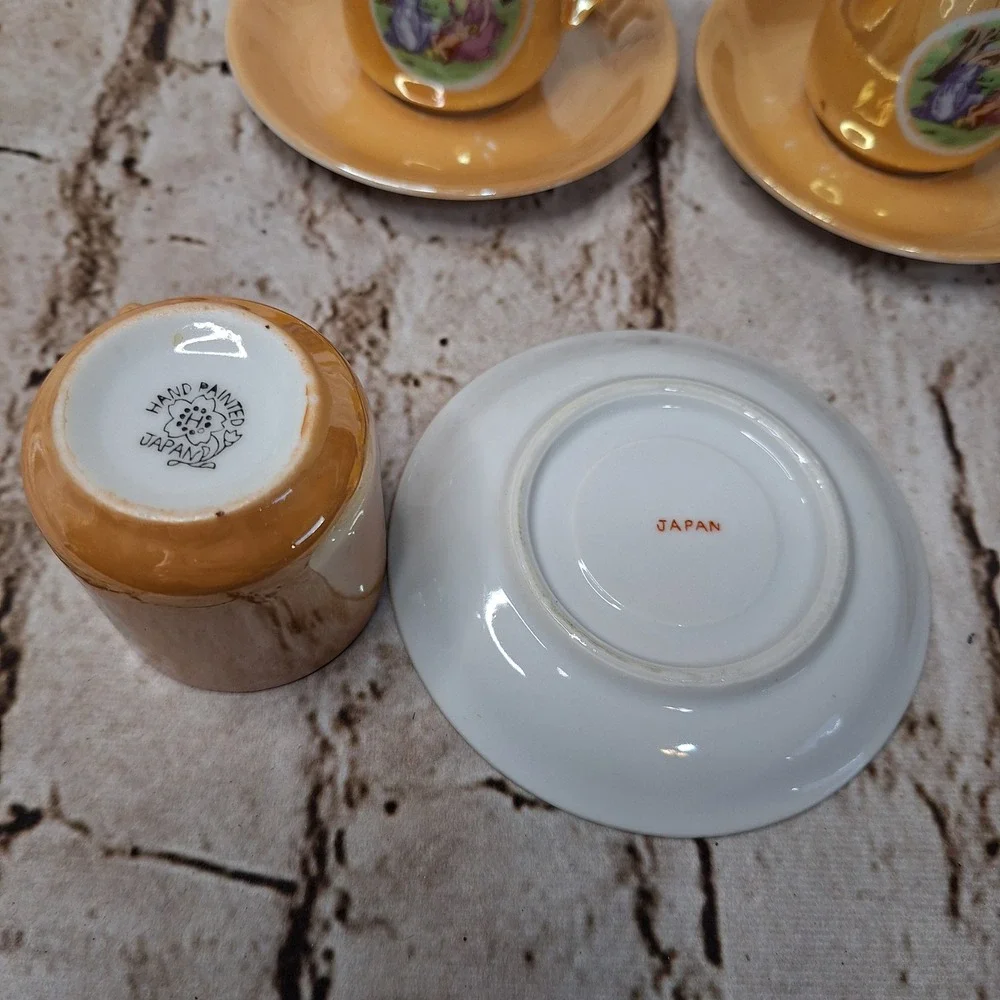 Vintage Japan Lusterware Demitasse Set 5 Cups Saucers Peach Iridescent Classical